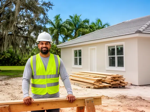 A builder in a hard hat and safety vest on a home construction site.