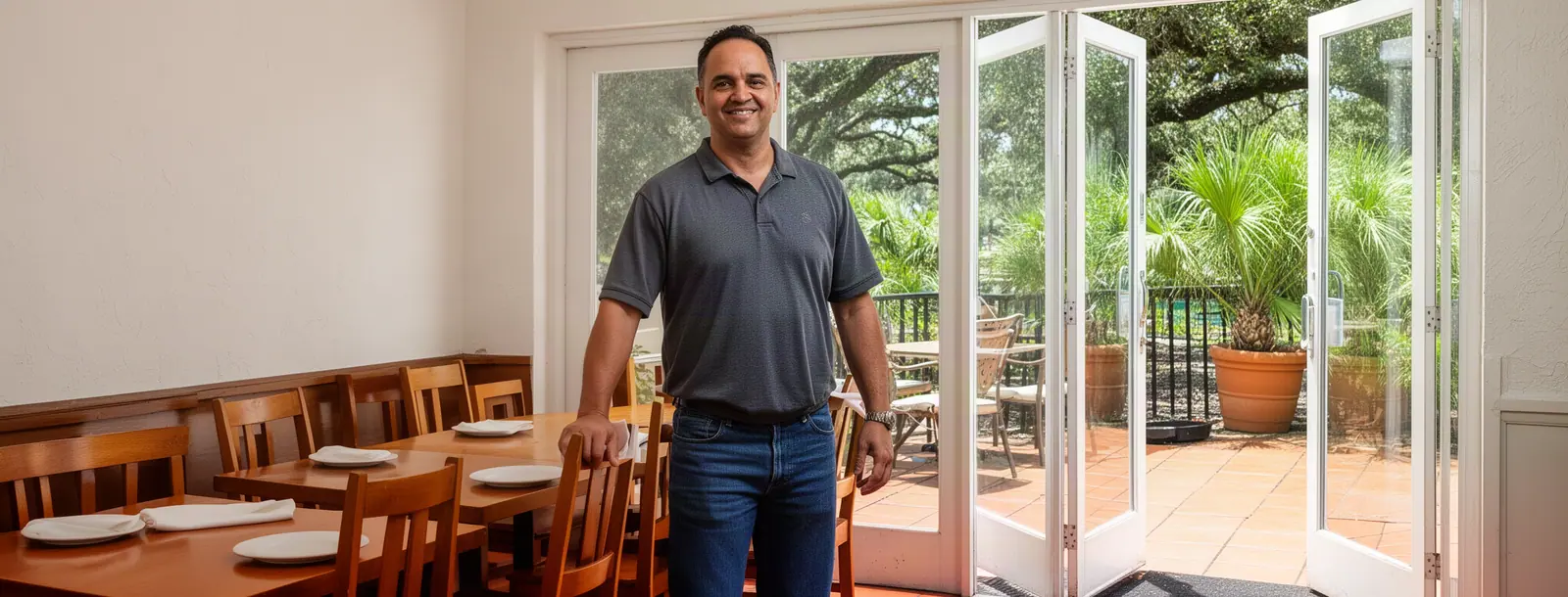 A restaurant owner standing in his bright dining room beside open patio doors, palms and live oaks outside.