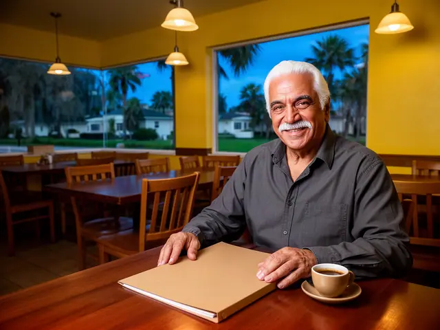 A restaurant owner seated with a folder in an empty dining room before opening.