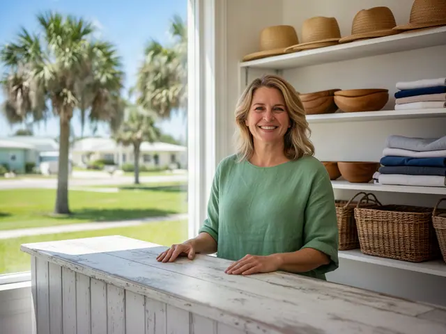 A shop owner behind the counter of a small beach-and-home goods shop.